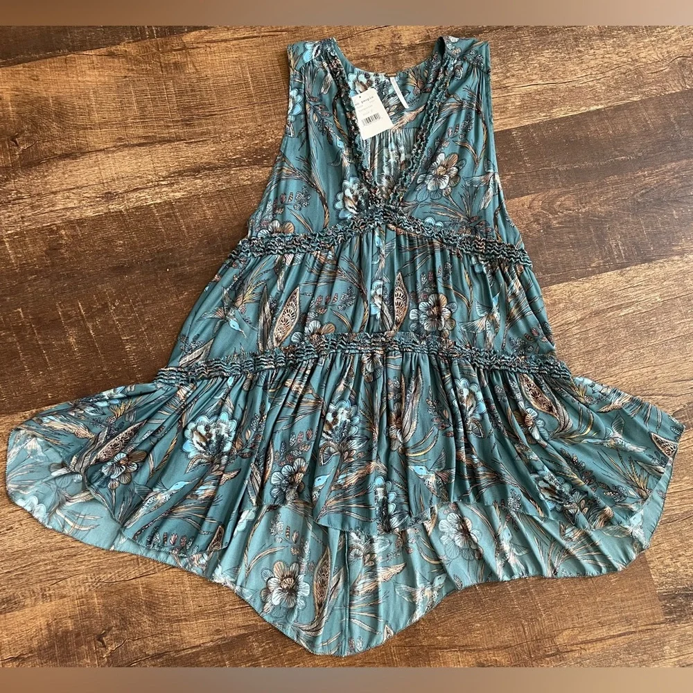 🌎Free People Floral Haze Hummingbird Turquoise Boho Tunic NWT~Small - Picture 9 of 13
